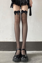 Black Bowknot Fishnet Over The Knee Gothic Socks 2 Colors